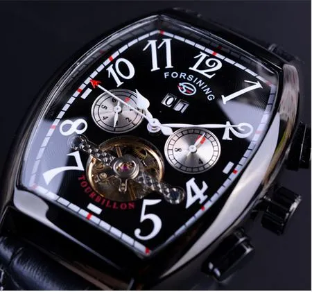 ForSining Square Mechanical Design Rose Gold Case White Dial Brown Leather Strap Mens Watches Top Brand Luxury Automatic Watch319f