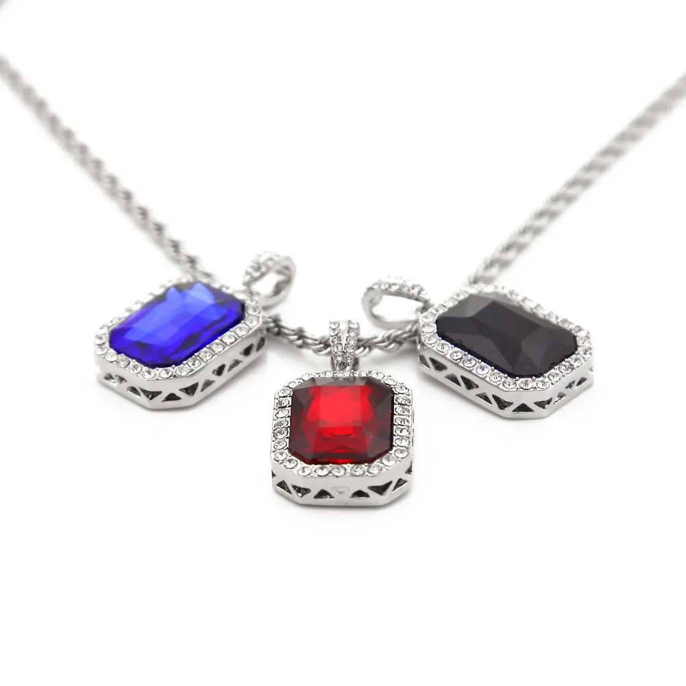 Black/Red/Blue/Green Gemstone Pendants Twisted Chain Necklace Men Women Mini Ruby Hip Hop Jewelry Iced Out