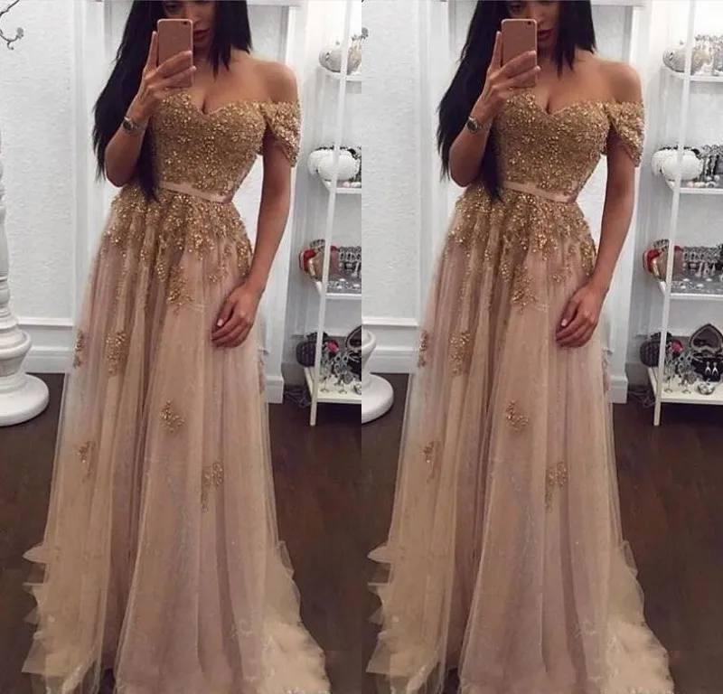 2018 New Sexy Cheap Prom Dresses Off Shoulder Cap Sleeves Gold Lace Crystal Beaded Champagne Tulle Long Formal Party Dress Evening Gowns