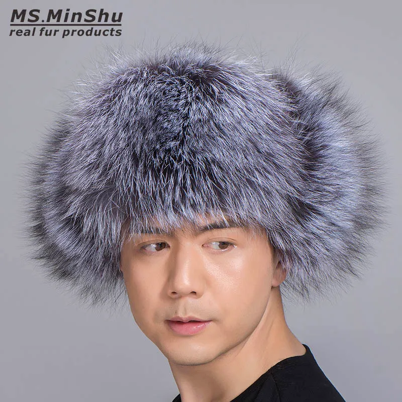 Chapéu unissex de pele de raposa prateada estilo russo com couro de pele de carneiro, protetor de orelha de inverno 191h