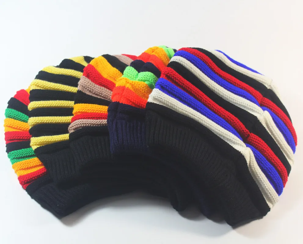 Mode unisex elastiska reggae stickad beanie skalle hatt regnbåge randiga motorhuven hattar slouchy vår gorro mössor för män och kvinnor2287