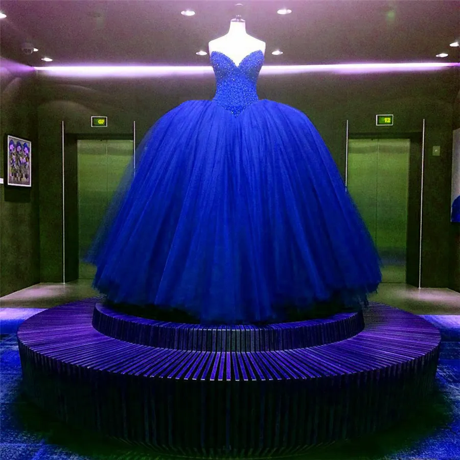 Fully Crystal Beaded Bodice Corset Royal Blue Wedding Dresses Ball Gowns Customized Made Shiny Bridal Dress vestido longo de renda