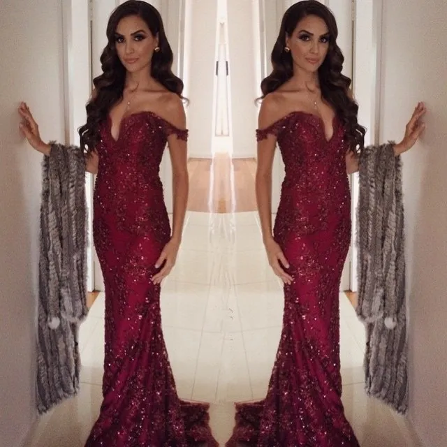 Mermaid Off Shoulder Evening Dresses Burgundy With Applique Beaded Prom Dresses Back Zipper Custom Made Sweep Train Formal Party Gowns 2017