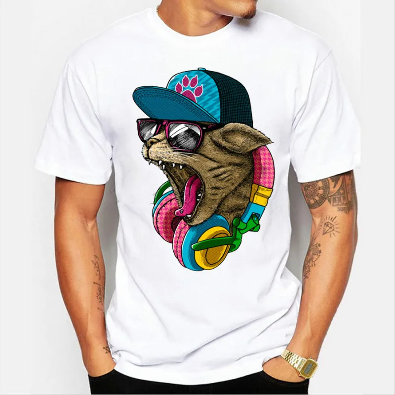 Herrmode Crazy DJ Cat Design T Shirts Cool Topps Short Sleeve Hipster Tees