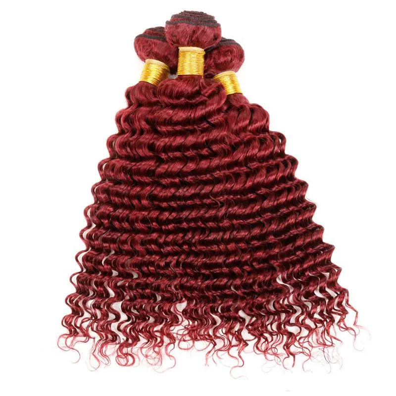 #99j Burgundy Deep Curly With Closure 9a Brazilian Virgin Hair Extensions Brazilian Weave Bundles Wine Red Deep Curly Hair Wave Human Hair