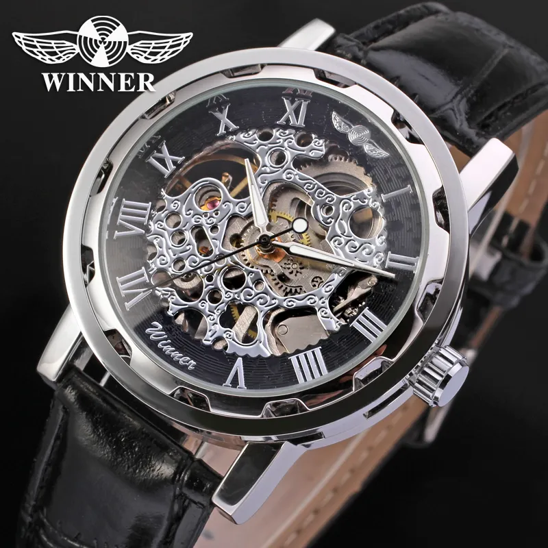 Winner Fashion Gold Black Roman Number Dial Luxury Design Clock Mens Watch Top Brand Cool Mechanical Skeleton Male Wrist Watches314Z