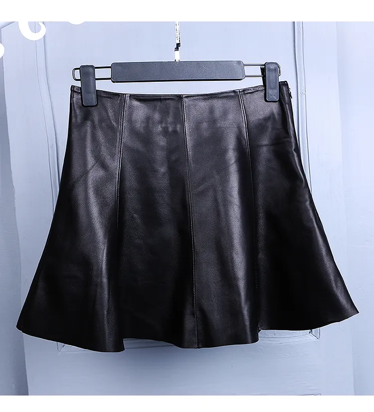 Women's new luxury fashion genuine sheepskin leather high waist short skirt ball gown pleated boot cut mini skirt plus size S-4XL