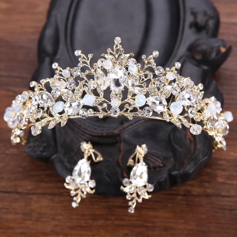 Utsökta pärlor kristall brud tiara örhängen handgjorda prom quinceanera pageant bröllop krona örhängen sätter tre färger rosa guld302w