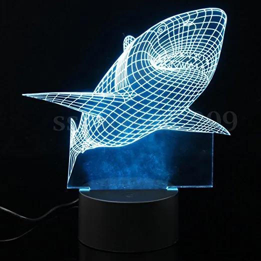 ジョーズグレートホワイトサメ3D幻想LEDナイトライト7キッズ用カラフルなテーブルデスクランプ301E