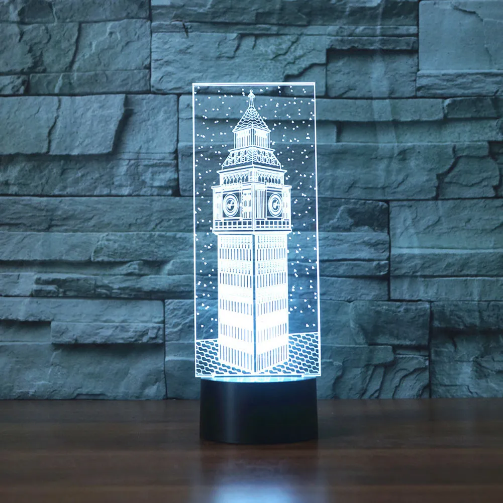 Big Ben 3D Desk Lamp Gift Acryl Night Light Led verlichting Meubels Decoratief kleurrijk 7 kleurverandering huishoudelijke huisaccessoires305i