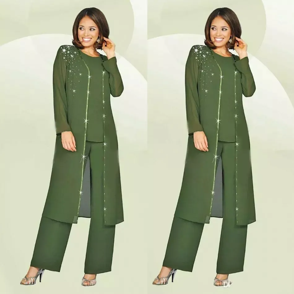 Green Plus Size Mother Of The Bride Pants Suit With Long Jacket For Weddings Mother's Groom Outfit Beads Wedding Guest Dress