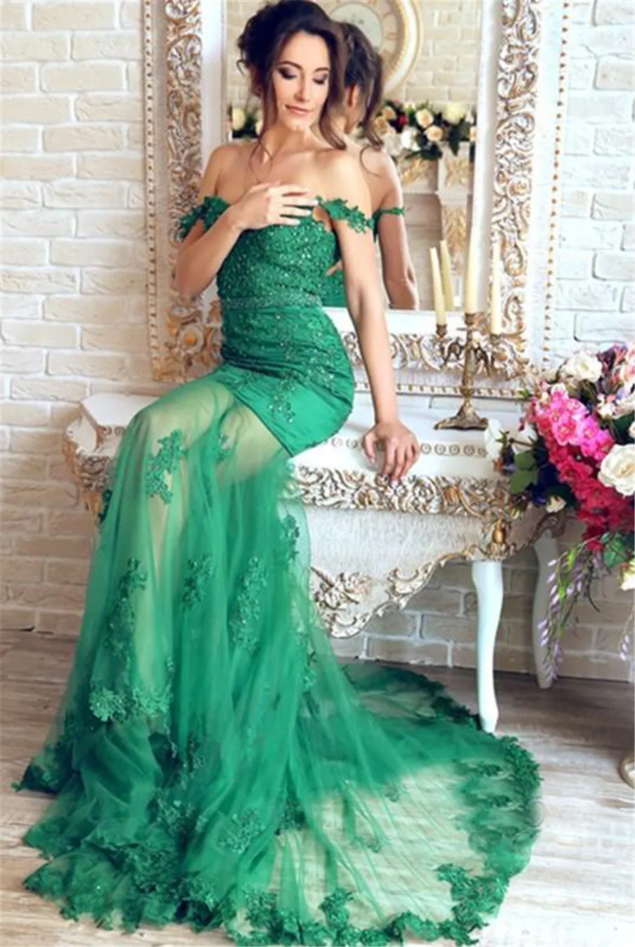 Sheer Skirt Appliques Green Gorgeous Off-the-Shoulder Mermaid Prom Dress Green Tulle Evening Dress vestidos de fiesta baratos