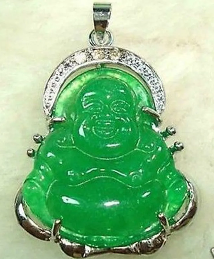 CHINESE GREEN JADE SILVER BUDDHA PENDANT NECKLACE282w