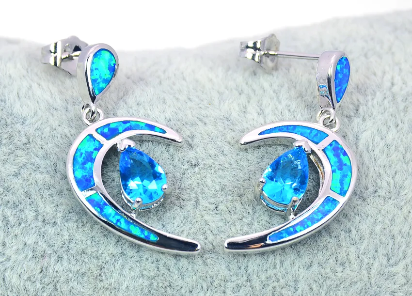 Pendientes de luna de ópalo de fuego fino azul, joyería de plata 925, venta al por menor, EF17083108175o