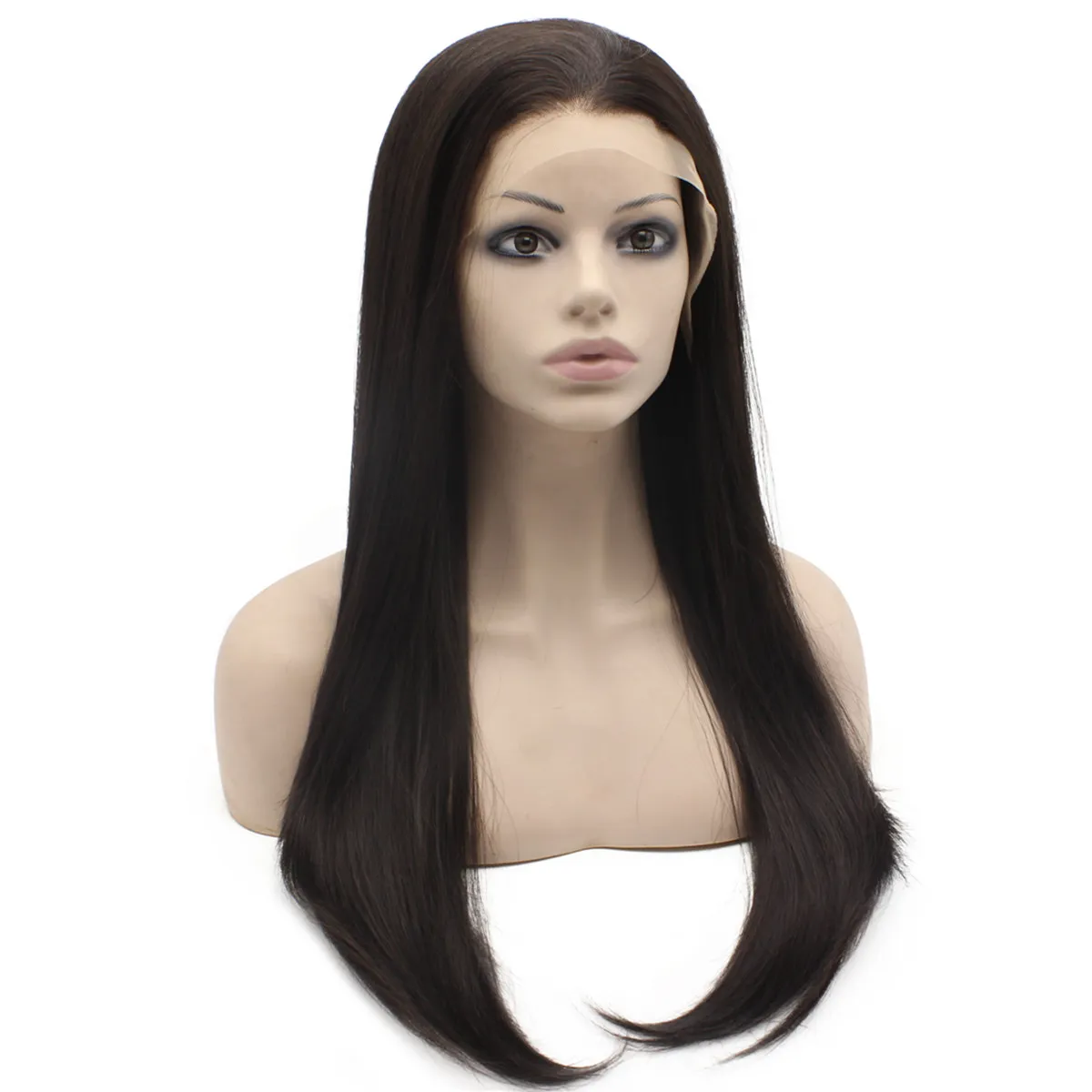 24" #2/6 Mix Brown Silky Straight High Quality Heavy Density Heat Safe Fiber Lace Front Synthetic Hair Wig With Skin Top