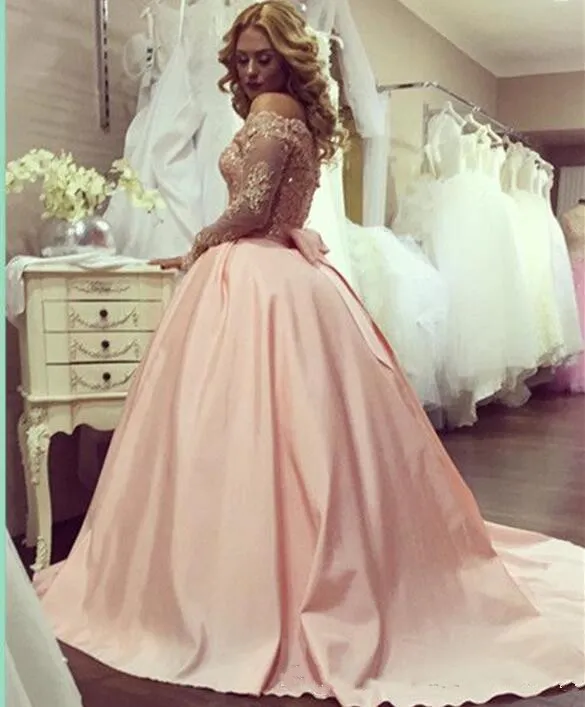 Saudi Arabic Dubai Style Long Sleeves Blush Pink Prom Dresses A Line Off the Shoulder Beaded Appliques Long Evening Party Gowns
