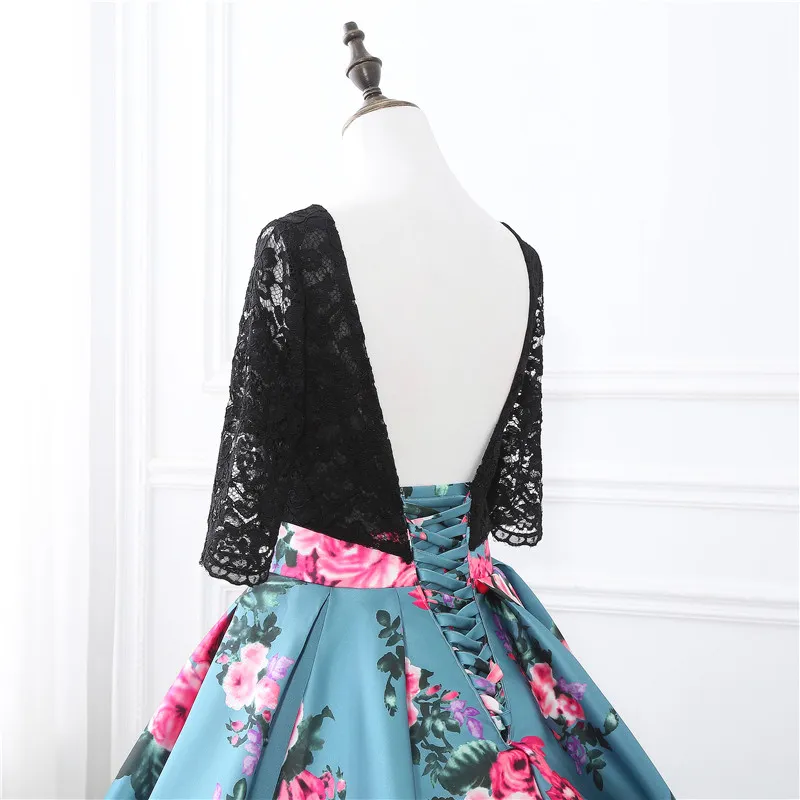 In Stock Two Stones Prom Dresses Print Flowers Ball Gowns Three Quarter Sleeve Lace Top Evening Gowns