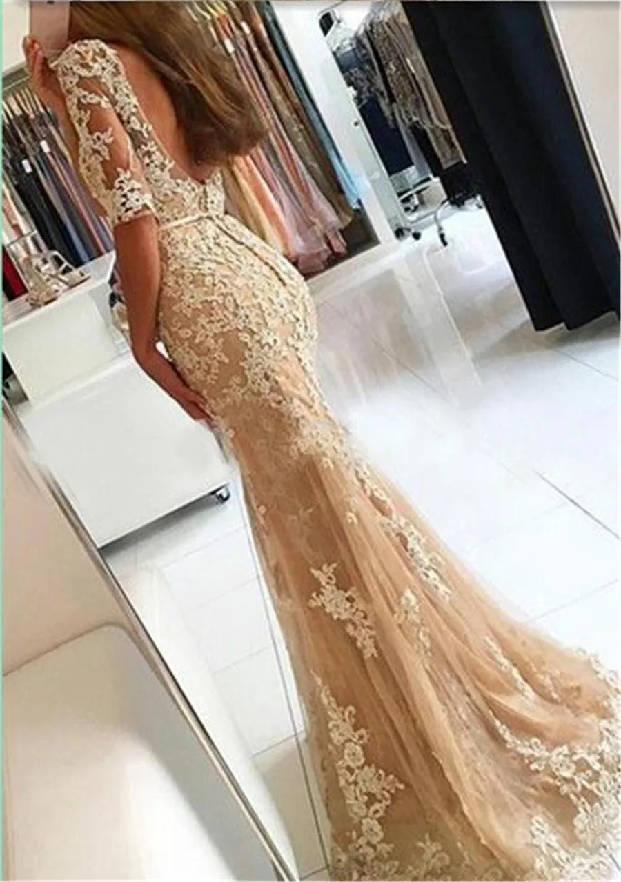 Lace Open-Back Half-Sleeves Mermaid Champagne Prom Dresses Sheer V-neck Sexy Evening Dress vestidos de fiesta cortos 2019