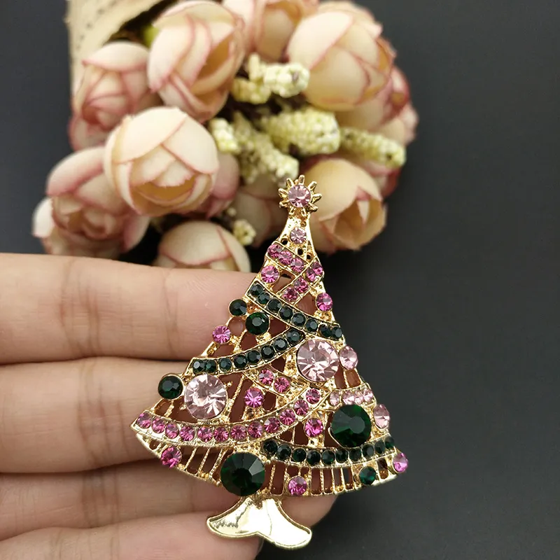 / 54mm Christmas Tree Brooch Pin Gold Tone Pink And Green Rhinestone Crystal Holiday Festival Fashion Women Jewelry Pins