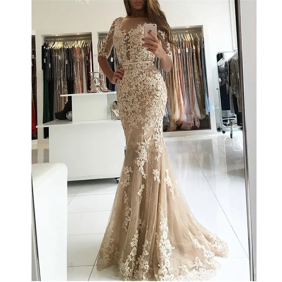 Vestidos De Fiesta Illusion Boat Neck Appliqued Lace Champagne Prom Dress Beaded Low V Back Half Sleeve Mermaid Evening Dresses