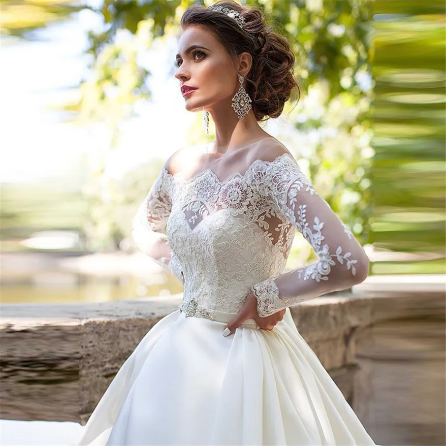 vestidos de noiva Off the Shoulder Long Sleeves Wedding Dress Stain Boat Neck Crystal Belt Appliqes Lace Ball Gown Custom Bridal Gowns