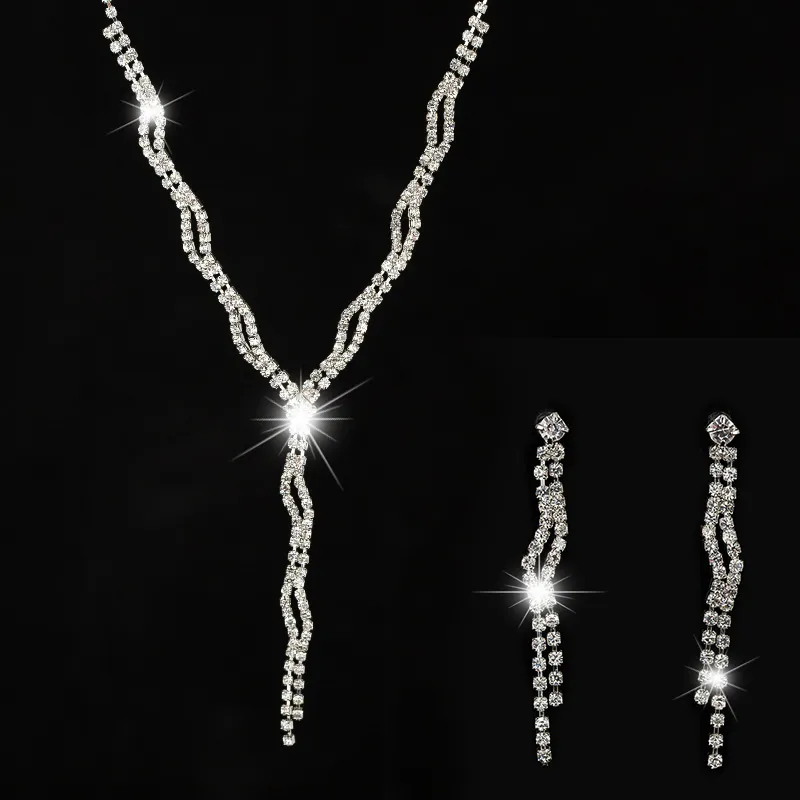 Kristallwasser-Tropfen-Brautschmucksachen stellen für Frauen-Silberfarbe Halsketten-Ohrring-gesetzte Rhinestone-Schmucksachen ein