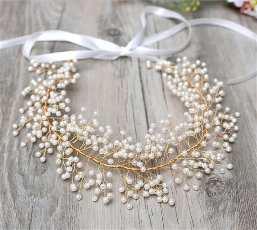 Vintage Wedding Bridal Crystal Rhinestone Headband Ribbon Pearl Headpiece Hair Band Gold Accessories Jewelry Crown Tiara Princess Queen Band
