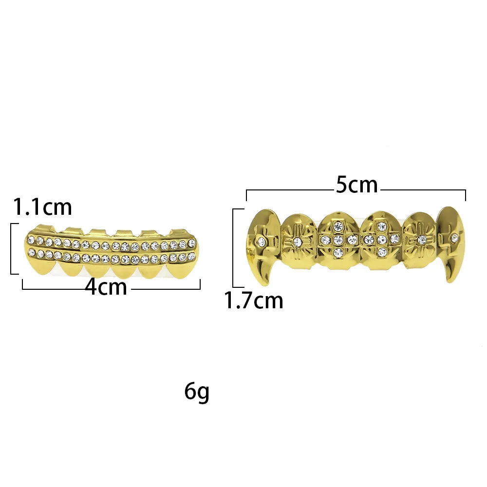 Real Gold Plated CZ Rhinestone Hip Hop Teeth For Mouth GRILLZ Caps Top Bottom Grill Set vampire teeth Party Gift