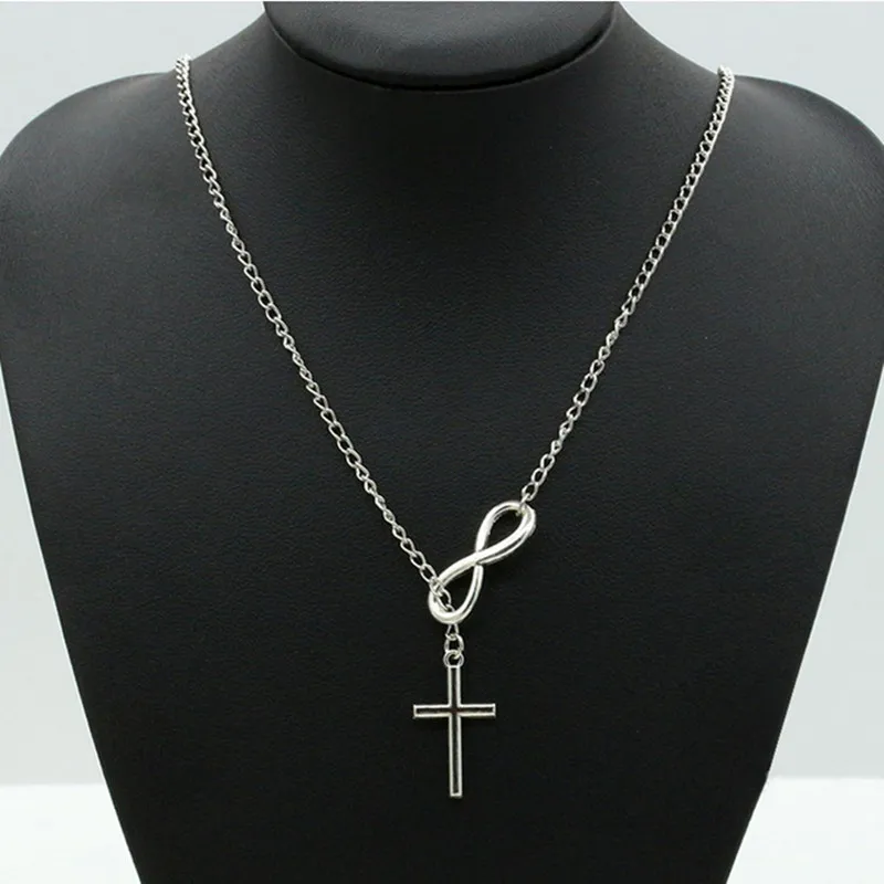 Whole-N606 Personality Infinity Cross Lariat Pendant Necklaces Silver Plated European Collares Necklace Forever Faith Necklace189j