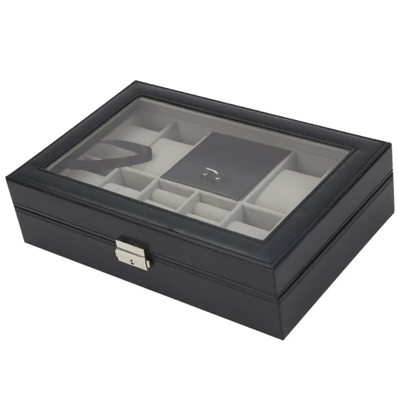 Boîte de montre en cuir noir à 8 grilles, boîtier de bague, organisateur de montre, affichage de bijoux, mallette de rangement de Collection avec couvercle en verre 314T