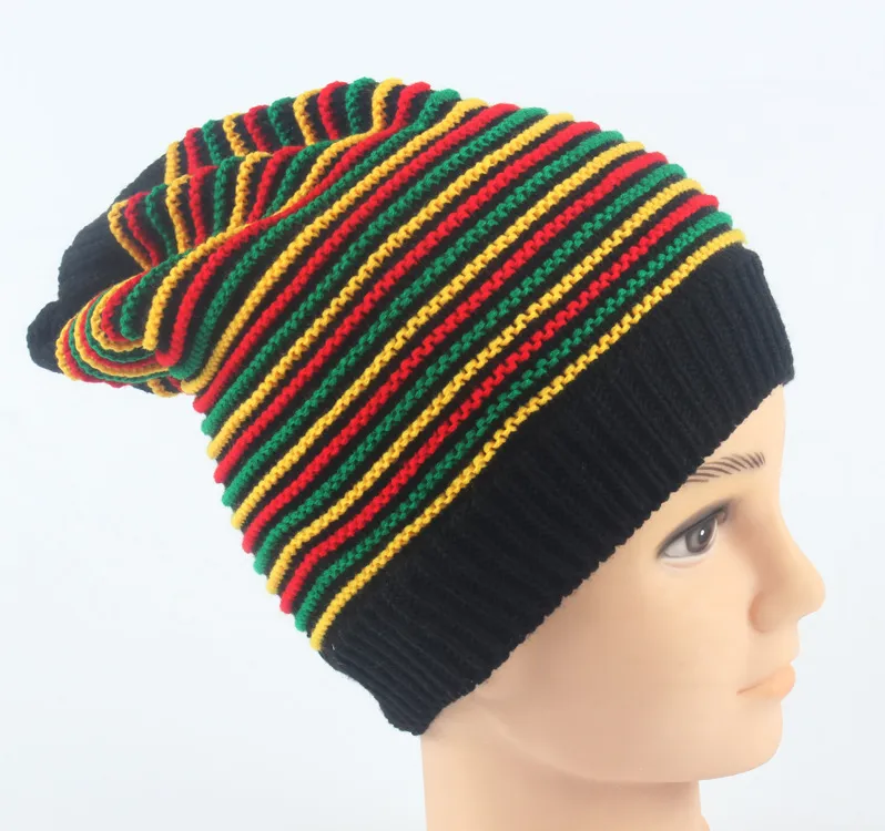 Mode unisex elastische reggae gebreide muts schedelhoed regenboog gestreepte motorkap hoeden slouchy lente gorro caps voor mannen en vrouwen2946