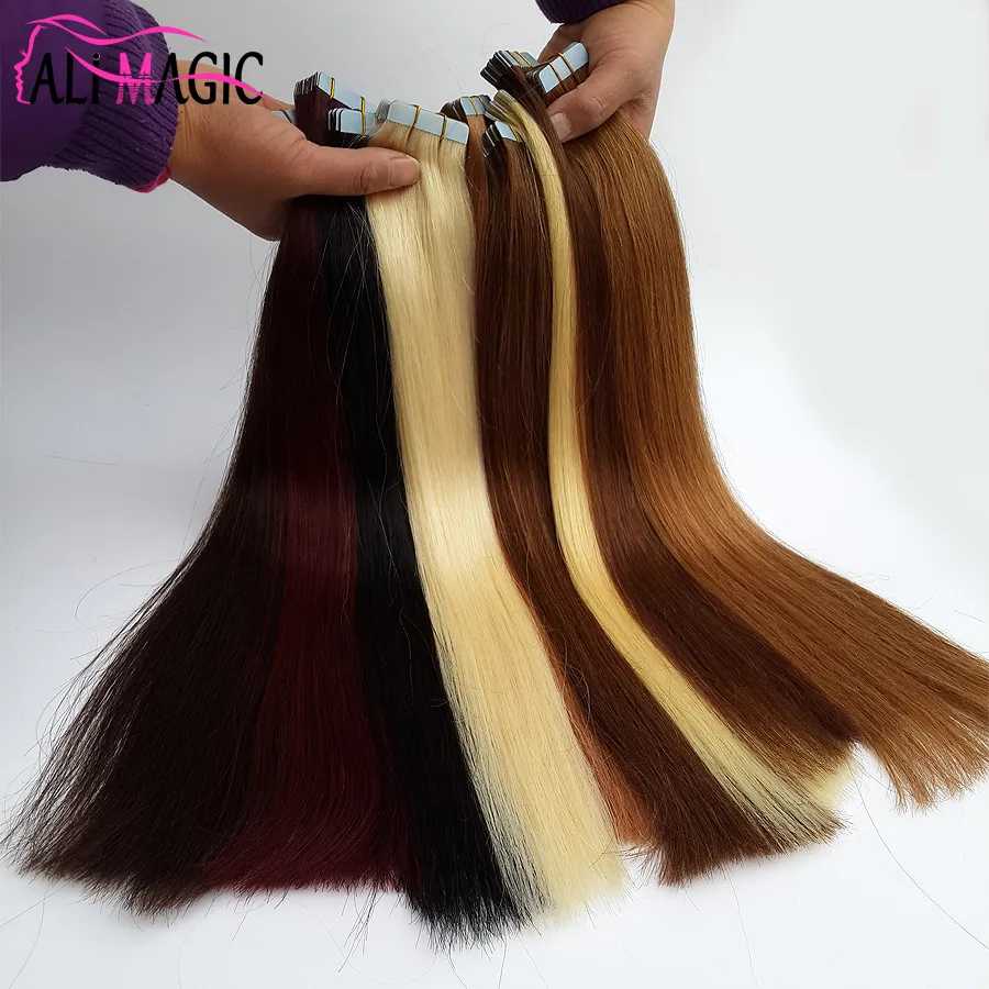 Ali Magic Factory Price Top Quality PU Tape In Skin Weft Hair Extensions 100g/Optional Peruvian Brazilian Remy Human Hair