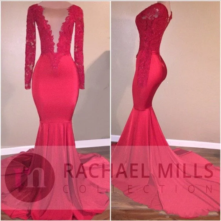 Sexy Plunging V Neck Illusion Red Mermaid Prom Dresses 2K17 Lace Beaded Long Sleeves Evening Dresses Zipper Back Vintage Formal Party Wear