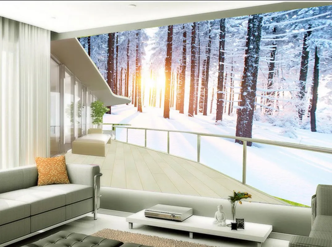HD Trees Winter Snow Landscape TV Background Wall Paintings mural 3d wallpaper 3d wall papers for tv backdrop