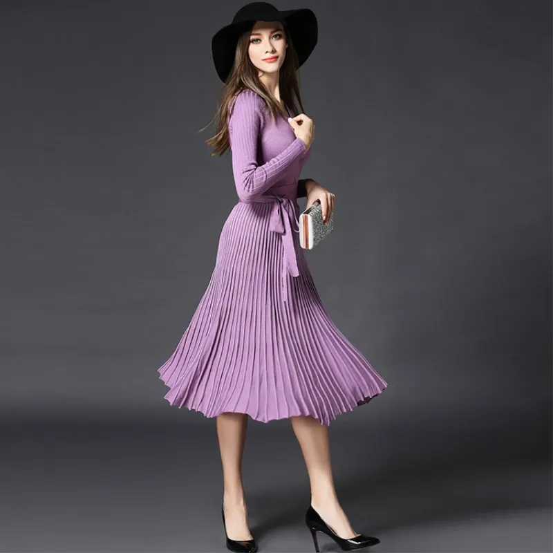 European style Autumn sexy V neck knit dress pleated skirt with Sashes plus size