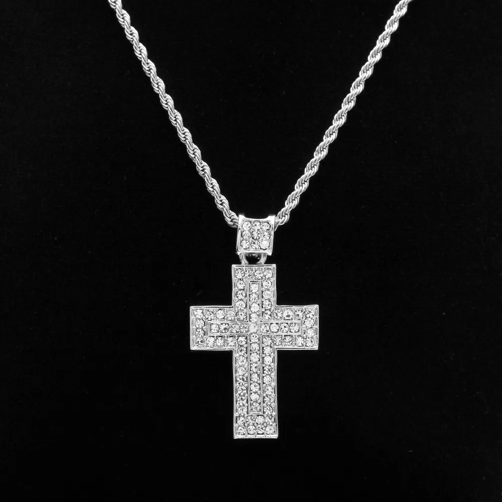 Mens Hip Hop Jewelry 18K Gold Silver Plated Fashion Bling Bling Cross Pendant Men Necklace For Gift Present Christian282r