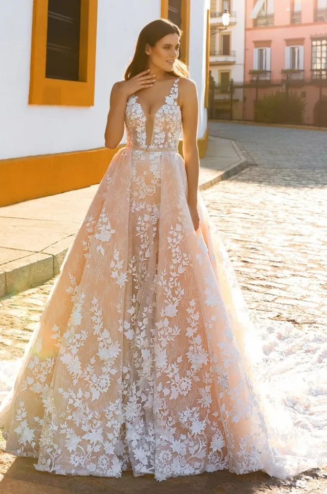 Sexy Mermaid Blush Wedding Dresses With Detachable Train 2019 Crystal Desing Sheer Plunging Neckline Lace Appliqued Plus Size Bridal Gowns