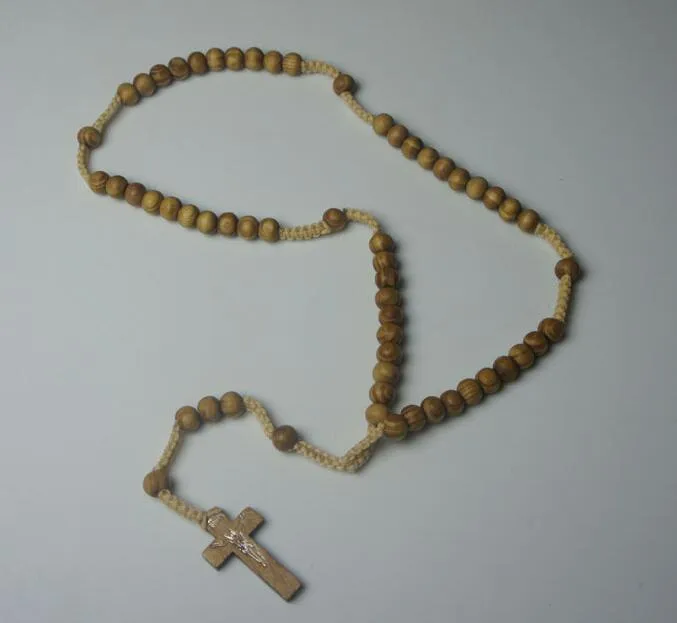 Pendentif croix en perles de bois, collier à breloques, bijoux chrétiens, chapelet religieux de jésus, perles en bois, 299W