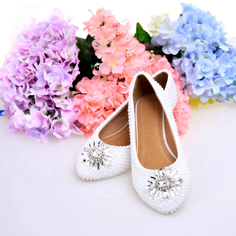 Blancs Perle Flat Talons Chaussures de mariage confortables Chaussures de demoiselle d'honneur Bride Robe formelle Flats Part Prom Dancing Chaussures 292C