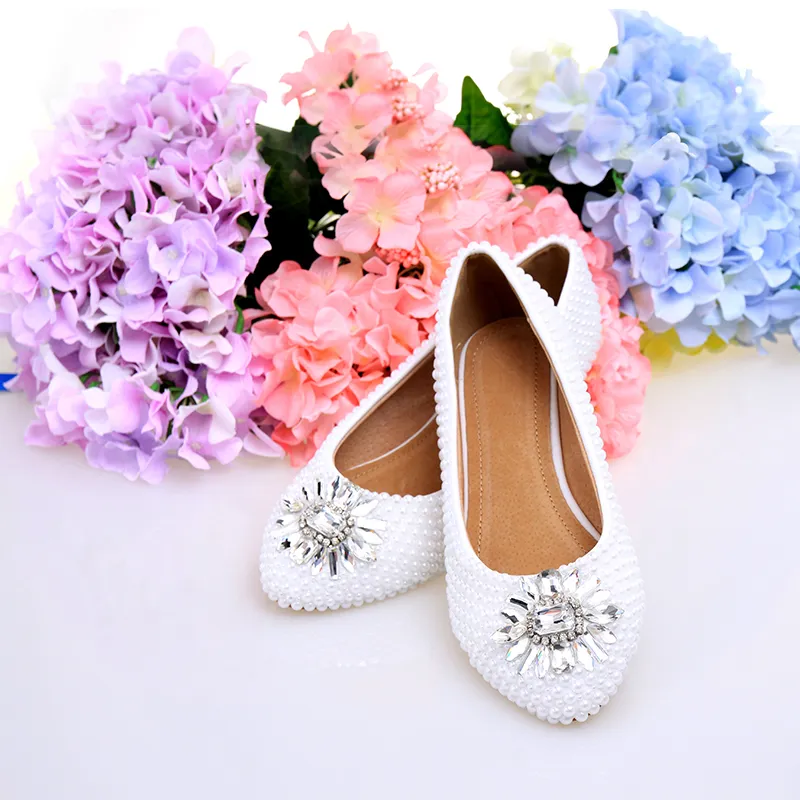 Chaussures de mariage à talons plats en perles blanches, chaussures confortables de demoiselle d'honneur, robe formelle de mariée, chaussures de danse de bal de promo 3111