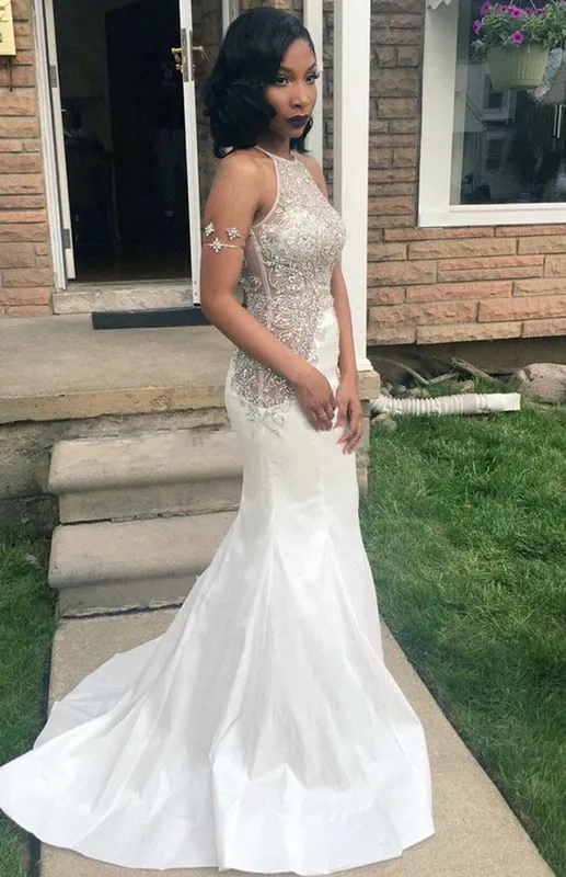 Sparkly Beaded Rhinestone Prom Dresses White Mermaid Evening Gowns 8th grade graduation dresses Halter Party Dress open back Sweet 16