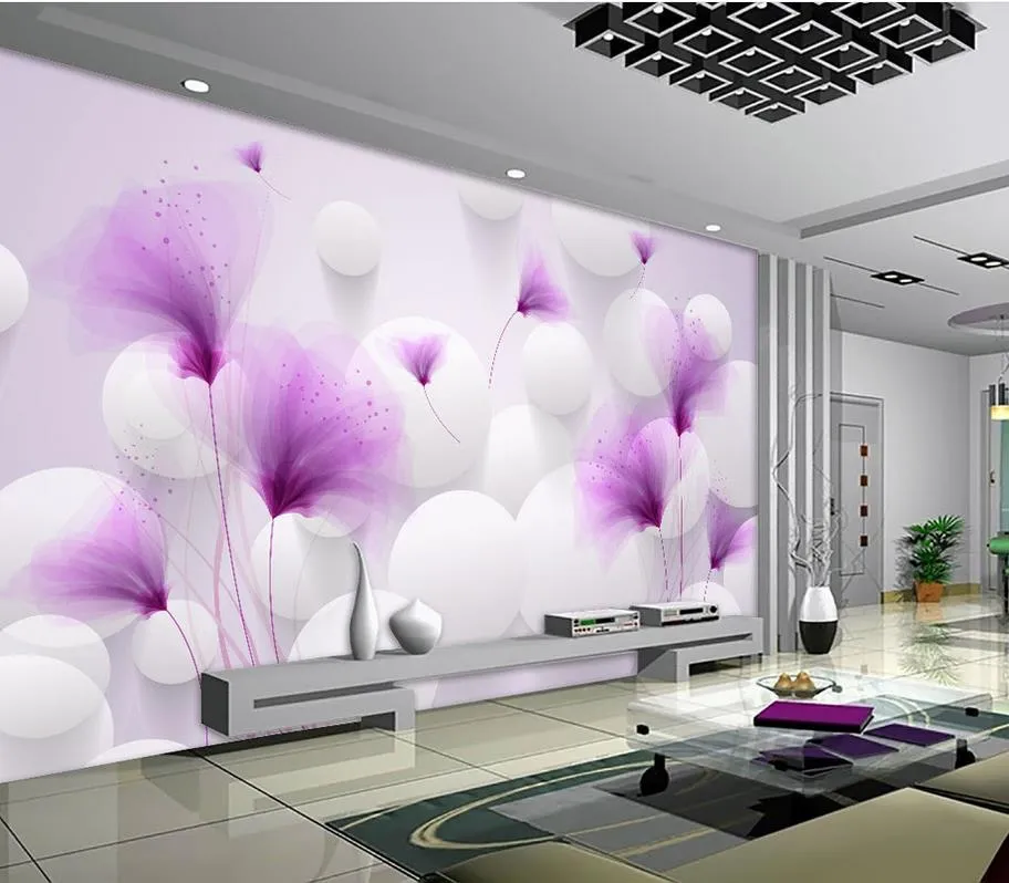 Custom any size Purple flowers romantic lilies transparent ball beautiful 3D background wall