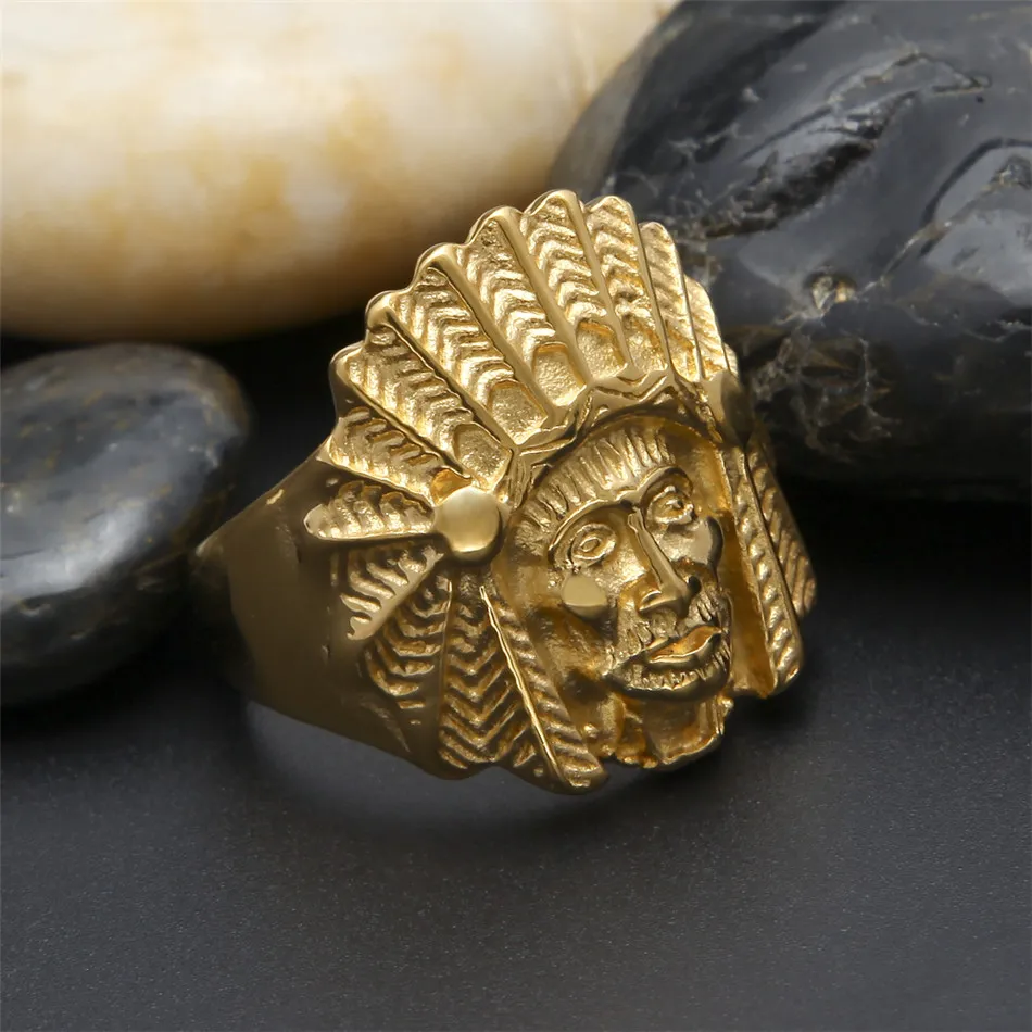 Mannen Vrouwen Vintage roestvrijstalen Ring Hiphop Punk Stijl Goud Oude Maya Tribal Indian Chief Hoofd Ringen Mode Jewelry304k
