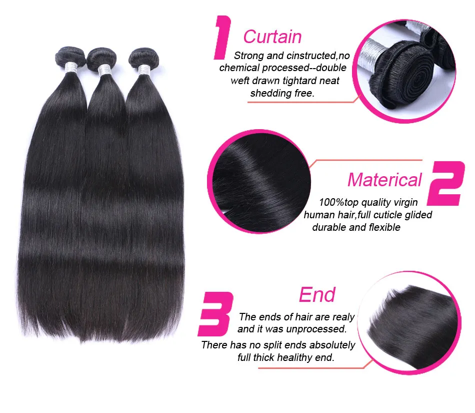 Brazilian Peruvian Indian Malaysian Cambodian Virgin Straight Hair Weave Bundles 100% Natural Remy Human Hair Extensions Dyeable  Free