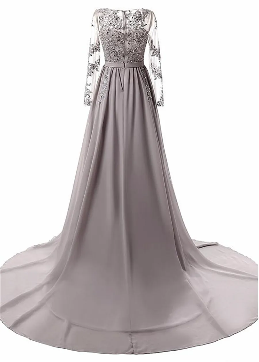 Stunning Chiffon Jewel Neckline A-line Evening Dresses With Lace Appliques Grey Crystals Long Sleeves Prom Dress vestidos de fiesta largos