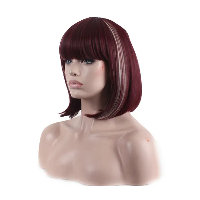 WoodFestival short straight synthetic wig burgundy bob wigs with bangs shoulder-length full heat resistant fiber wig women top quality