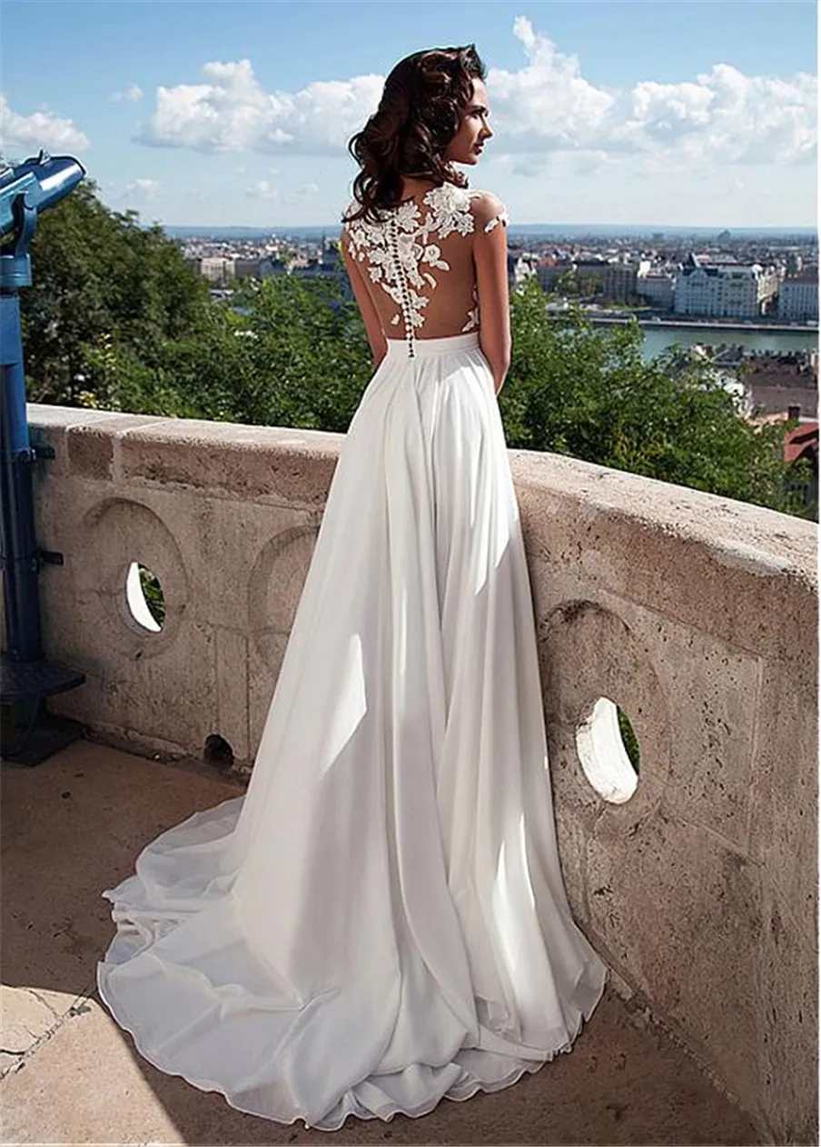 Chiffon Bateau Neckline A-line Wedding Dresses With Lace Appliques Front Slit Elegant Chiffon Short Sleeves Bridal Dress