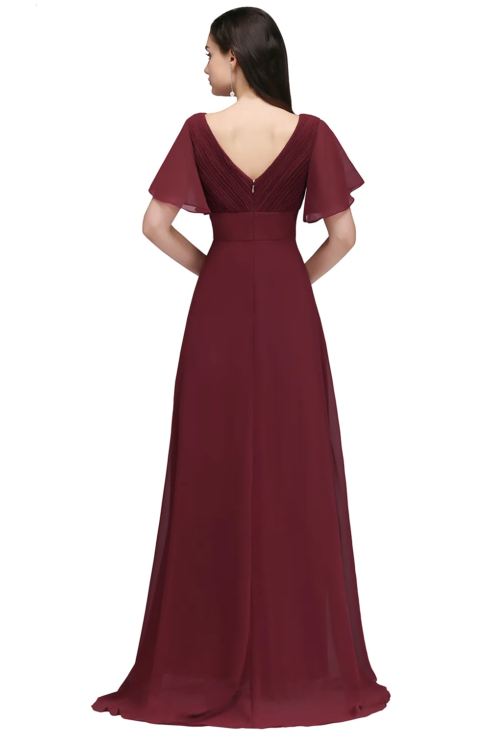 Wholesale Price Dark Red Long Chiffon Evening Dresses V Neck Low Back Flowy A Line Evening Party Gowns with Speaker Sleeves Cheap Online