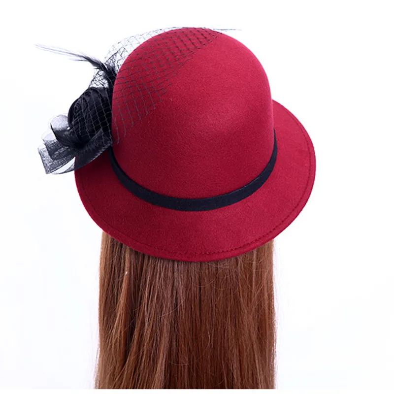 Nowa wiosenna zima gaza szlachetna Kobiety wełniane czapki czapki moda wstążka kwiat damski kapelusz samica skąpy brzegi hats kopule184i
