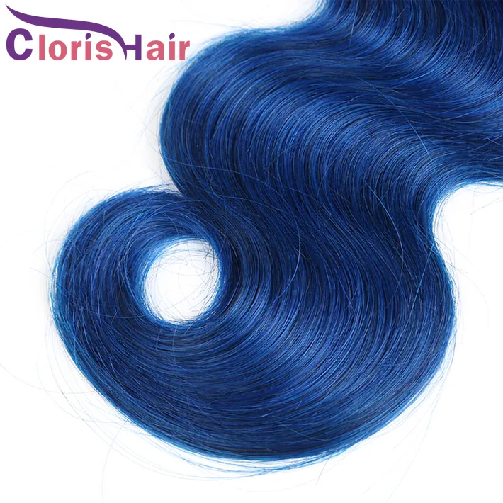 Colored Blue Ombre Body Wave Hair Bundles Brazilian Virgin Human Hair Weaves Dark Roots 1B Blue Wavy Ombre Human Hair Extensions Deals